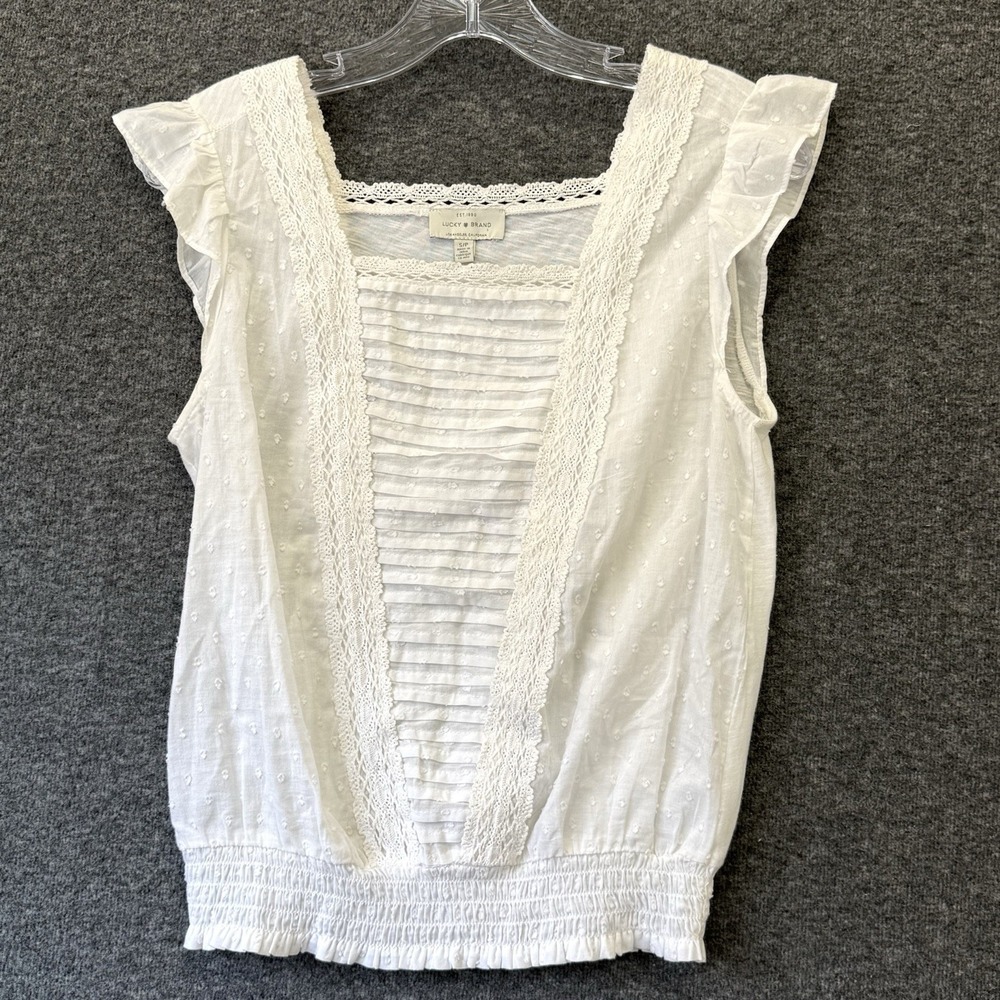Lucky Brand Coquette Milkmaid Top White Tucked Lace Short Sleeve Women's Small